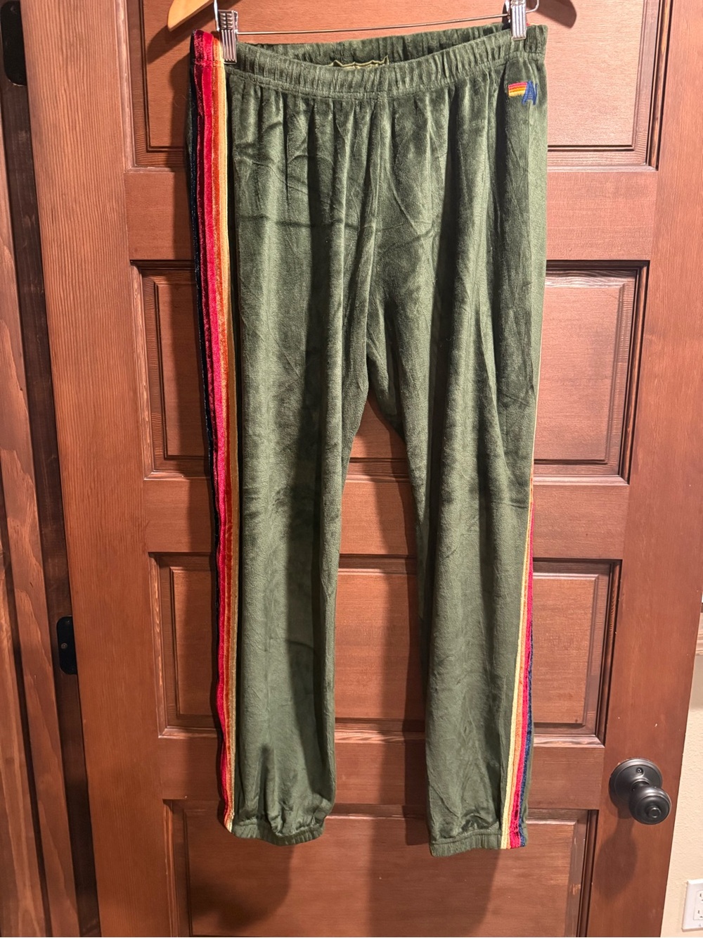 Aviator Nation Green Velour Soft Track Pants SweatPants Stripes XL